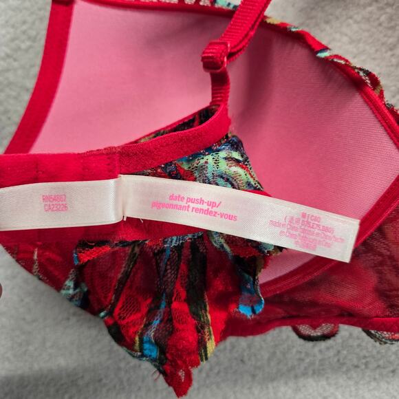 Pink Victoria's Secret Push Up Bra M Red Tropical Print Lace Date Bra - Picture 5 of 8